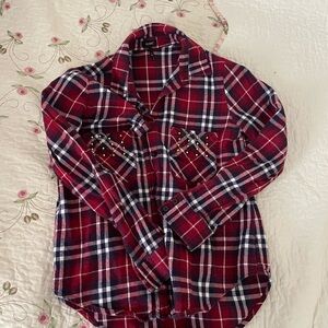 Y2K Red Plaid Button-Down Shirt with Stud Accents